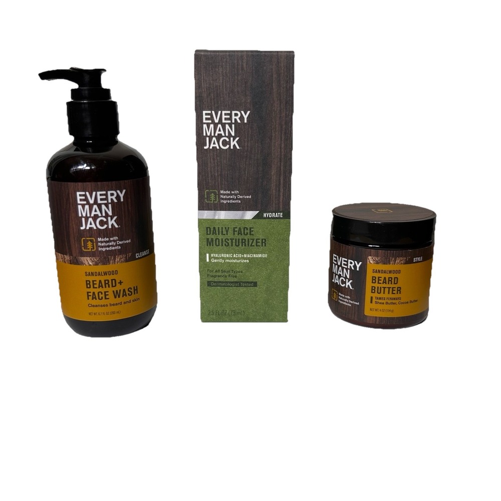 Every Man Jack Sandalwood Beard Care Set- Beard & Face Wash, Moisturizer, Butter